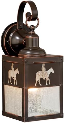 VAXCEL Trail 13 in. H 1-Light Burnished Bronze Rustic Cowboy Outdoor Wall Sconce Made of Durable Steel, Clear Seeded Glass Shade, LED Compatible, Use for Exterior Porch Patio Front Door or Garage