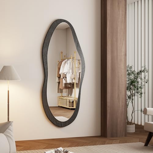 Image of AAZZKANG Irregular Wall Mirror Full Length with Wood Framed Large 47 inchx20 inch Black Asymmetrical Full Body Mirrors for Bedroom Living Room Entryway