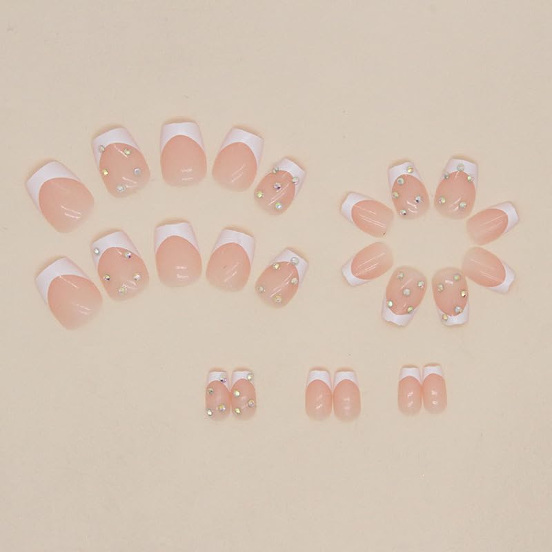 JUSTOTRY 24 Pcs False Nails Short with Diamond Pattern,Milky White French Square Press on Nails,Glossy Fake Nails Medium for Nail Art,Pretty Squoval Stick on Nail for Women Gifts - Image 3
