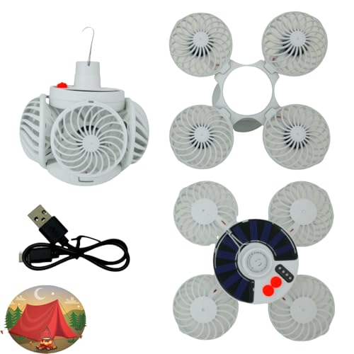 Wamikigl Solar Foldable 4 Fan Light with Hook, USB/Solar Charging for Outdoor Cooling & Lighting, camping ceiling fan,lámparas recargables para cuba, battery operated ceiling fan tent essentials