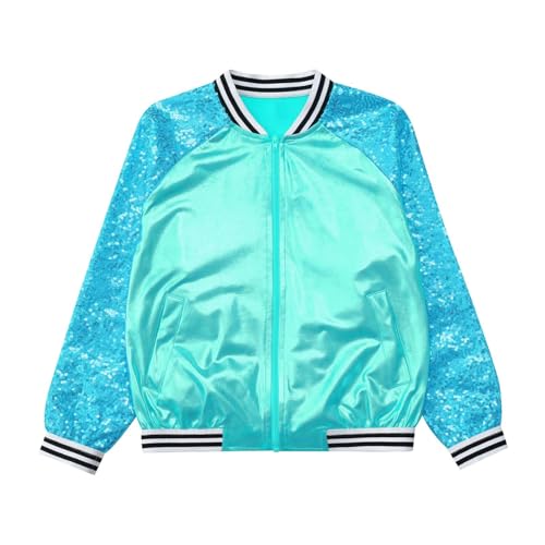 Loyan Kids Girls Sequin Bomber Jacket Zipper Coat Hip-hop Jazz Street Dance Tops Long Sleeve Dancewear4