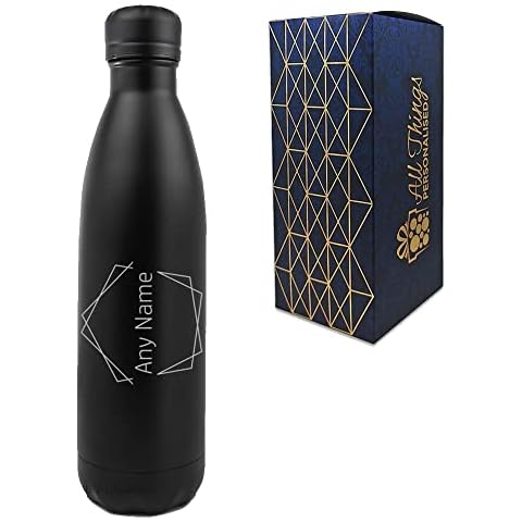 Personalised Engraved Black 500ml Thermal Bottle, Personalise with Any Name with Geometric Design Cover