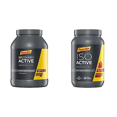 Powerbar Recovery Active Chocolate 1210g - Bevanda di Siero di Rigenerazione con Carboidrati + Magnesio e Zinco & Isoactive Red Fruit 1320g - Isotonisches Sportgetränk - 5 Elektrolyte + C2MAX
