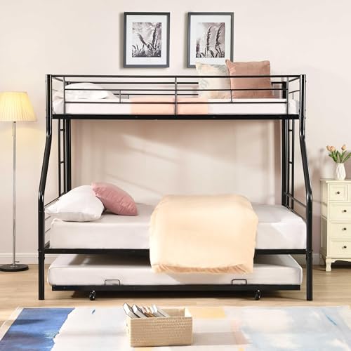 Zyerch Twin Over Full Bunk Bed with Trundle, Sturdy Metal Frame Beds, Twin Over with 2 Ladders Safety Full Length Guardrail-Side Bunkbeds with Trundle Noise Free Easy to Assemble for Adults, Black