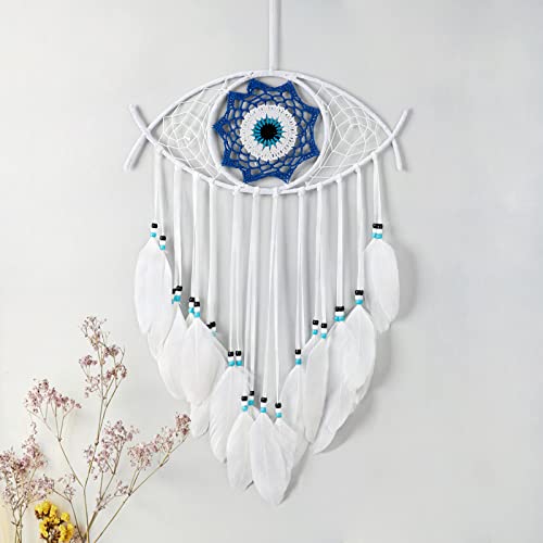Dremisland Macramé Mauvais œil Attrape-rêves Tissé à la main Blanc Plumes Dreamcatcher Tenture Murale Décoration de la Maison Ornement Bénédiction Cadeau de Festival Cover