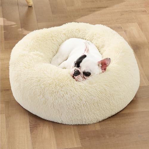 Image of Bedsure Calming Dog Bed for Small Medium Dogs - Donut Washable Medium Pet Bed, 27 inches Anti-Slip Round Fluffy Plush Faux Fur Cat Bed, Ivory Beige