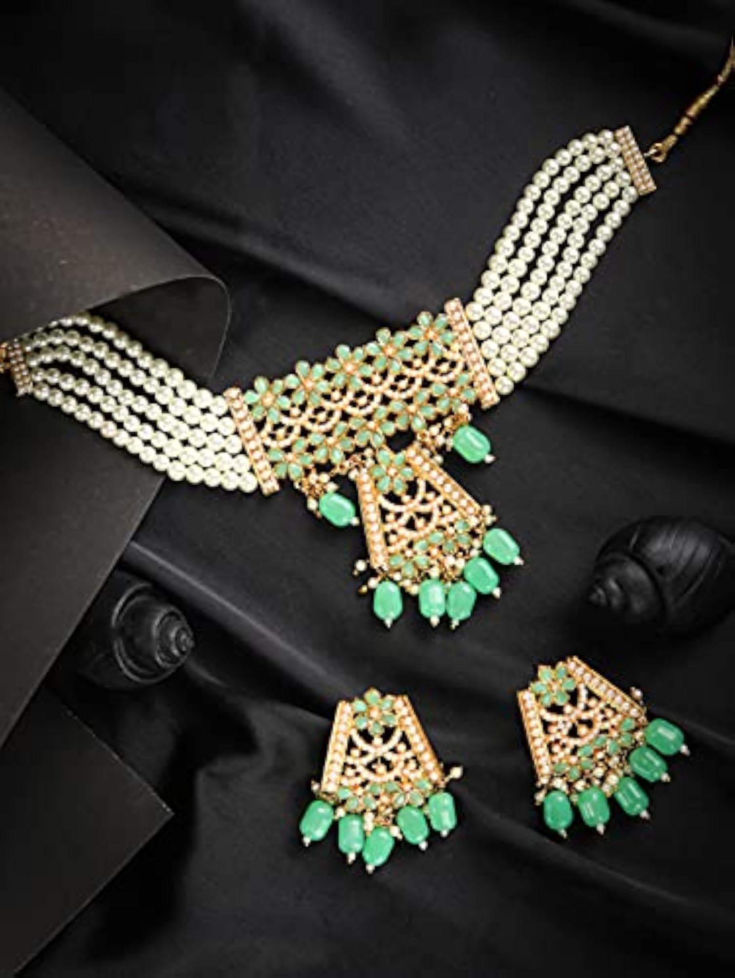 Mint Green Pearls Stones Studded Plated Choker Set