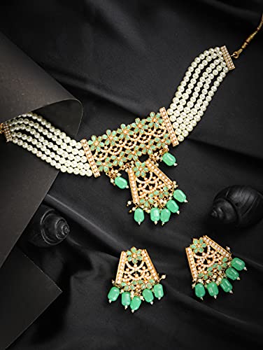 Mint Green Pearls Stones Studded Plated Choker Set