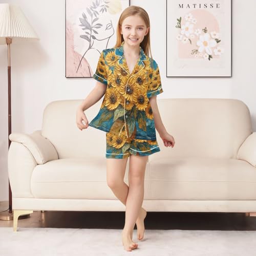 ALAZA Oil Painting Sunflower Leaf Floral Blue Satin Pajamas Set Short Sleeve Button Down Sleepwear Summer Pjs 2 Piece3