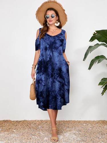 Image of LARACE Plus Size Women Dress for Summer, Midi Women's Sundress, Casual V-Neck Short Sleeve Flowy T-Shirt Dresses with Pockets