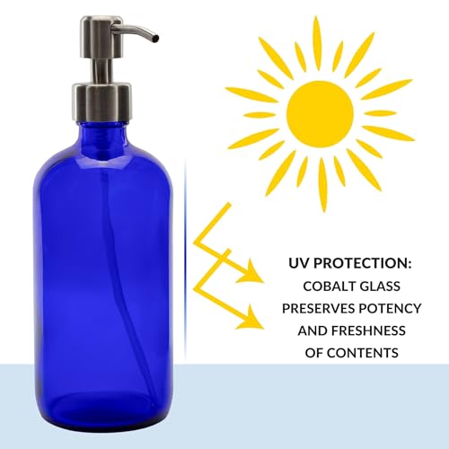 Cornucopia Brands 16-Ounce Cobalt Blue Glass Bottles w/Stainless Steel Pumps (2-Pack), Soap Dispenser w/Lotion Pumps for Essential Oils, Lotions, Liquid Soap4
