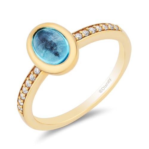 Jewelili Enchanted Disney Fine Jewelry 14K Yellow Gold over Sterling Silver with 1/10 CTTW Diamonds and Swiss Blue Topaz Jasmine Ring, Size 8