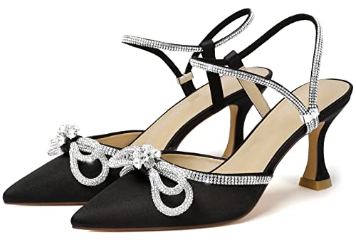 Susanny Black Rhinestone Heels for Women - Sparkly Pearl Glitter Bow Evening Party Ankle Strap Closed Toe Pumps Kitten Heels Dressy Prom Shoes 6 by Susanny - Used condition - Image 7
