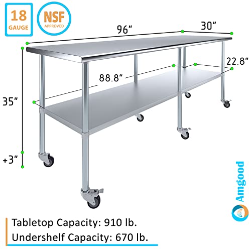 Image of AmGood 96 inch Long x 30 inch Deep Stainless Steel Table with Casters
