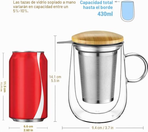 Miniatura 2 de Glastal 430 Ml Tazas De La Taza De Té De Borosilicato De Vidrio Con Filtro De Acero Inoxidable Taza Con El Adecuado Para Té Verde, Té Negro, Bolsas De Té, Leche