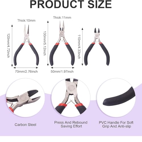 Image of Jewelry Making Pliers Set - 3-Piece Professional Tool Kit with Needle Nose, Chain Nose, Round Bent Pliers & Wire Cutter - Black Handle Jewelry Tools for DIY Craft & Beading