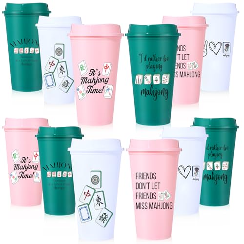 Willinglong 12 Sets 16 oz Mahjong Coffee Cups Gifts for Women Men Mah-jong Lovers Reusable Plastic Cup with Lid Mahjong Party Favors for Friend Player Game Night Birthday Party Favors