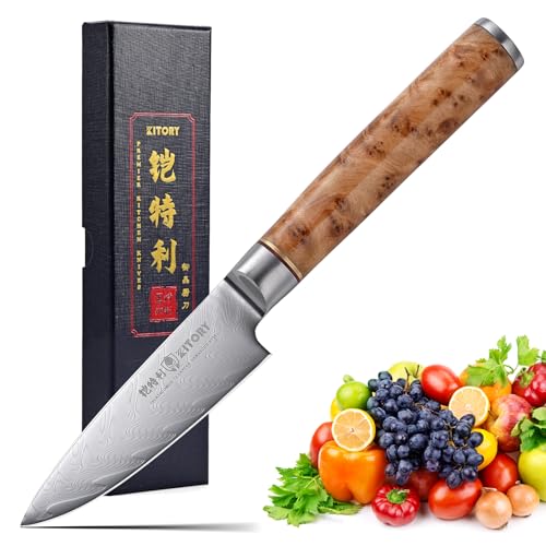 Damascus Paring Knife 3.5β, Peeler for Fruit, 73 Layers Damascus Steel Small fruit Knife with 10Cr15CoMoV Cutting Core, White Shadow Wood Handle, for Home & Restaurant, 2025 Gift Yellow 3.5"