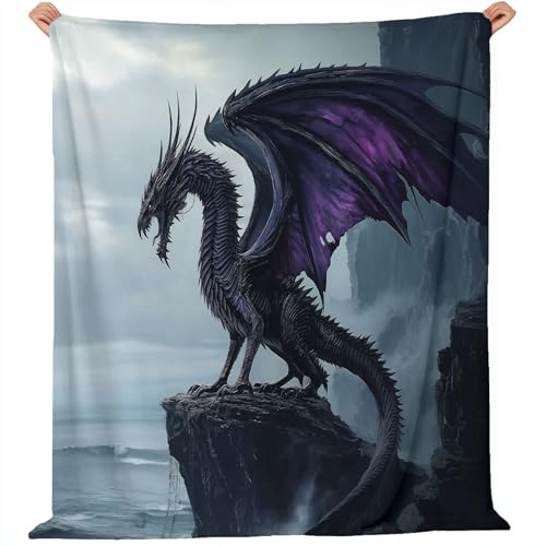 Kuscheldecke 130 x 150 cm Flauschig Couch Überwurf Decke Fleecedecke Tagesdecke Kuschelige Weiche, Cartoon-Fantasie-Drache Muster Decke Frühling Sommer Herbst Winter Vier Jahreszeiten, Grau