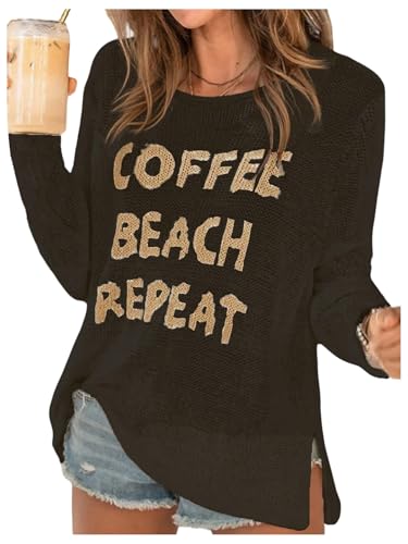 Image of Verdusa Women's Beach Cover Up Sweaters Letter Print Long Sleeve Crochet Crew Neck Knit Sweater Summer Tops