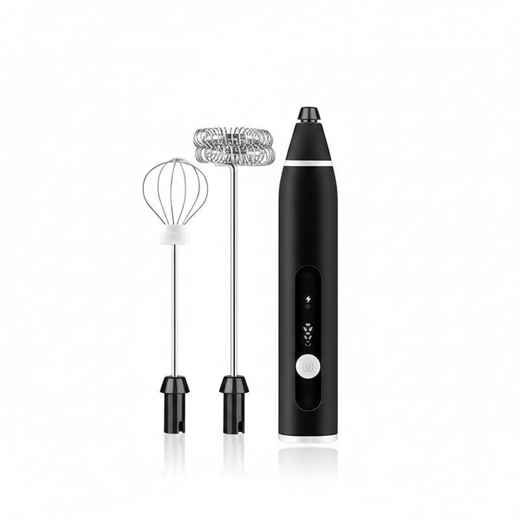 VeeDee USB Rechargeable Milk Frother Handheld - 3-Speed Adjustable Electric Foam Maker with 2 Stainless Steel Whisks - Portable Coffee Frother & Egg Beater (Black)