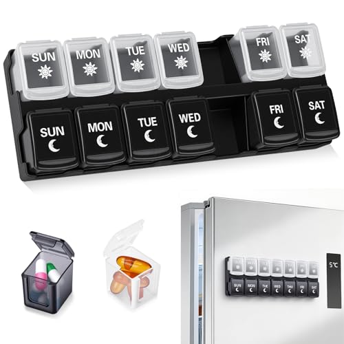 Zentiky Weekly Pill Organizer 2 Times a Day Magnetic Pill Box for Fridge with Removable 7-Day Compartments Easy Open Medication Dispenser for Vitamins Supplements Medication-Black+W