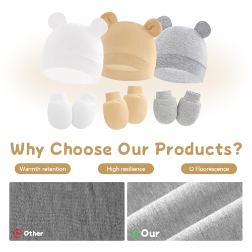 Image of SNOWIE SOFT 3-Pack Cotton Baby Mittens Set 0 to 6 Months, Soft Stretchy Infant Hats with Cute Bear Ears, Newborn Warm Caps and Mittens Multicolour