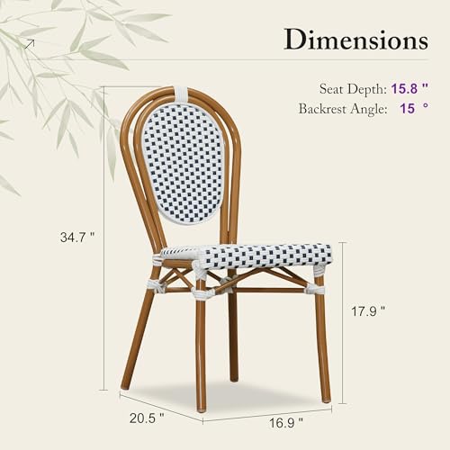 Image of PURPLE LEAF Patio Dining Chair Set of 4 Outdoor French Aluminium Frame in Champagne Finish with Sky Blue & White Woven Rattan for Indoor Kitchen Deck Bistros Cafe Restaurant