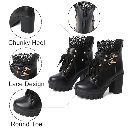 Image of FOREADA Goth Boots Chunky Heel Boot For Women Ankle Combat Booties Black Platform Bootie Buckle Rivets Punk Goth Shoes With Zipper