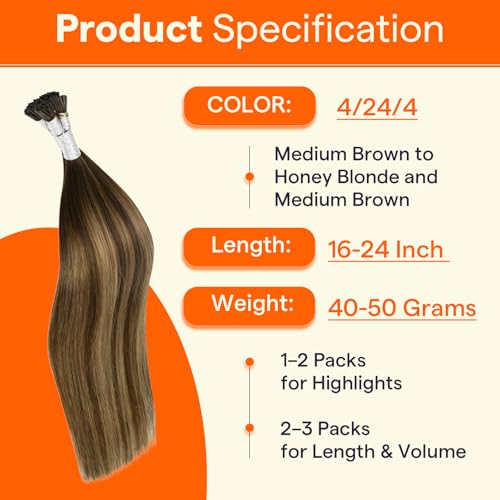 Image of Full Shine I Tip Hair Extensions Human Hair, Mocha Brown Ombre, 16 Inch