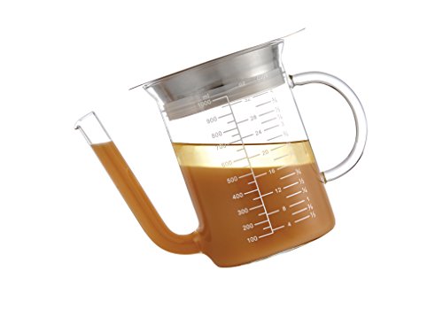 HIC Gravy Strainer and Fat Separator, Heat-Safe Borosilicate Glass with 18/8 Stainless Steel Fine-Mesh Filter and Pierced Strainer, 4-Cup (32-Ounce) Capacity