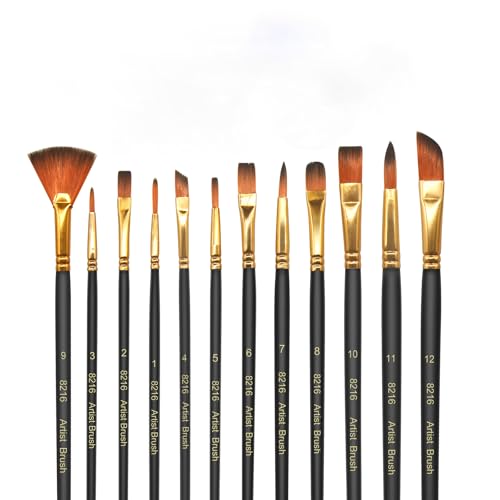 elzle 12 Pennelli per Dipingere,Set Pennelli Pittura in Nylon Art,Pennello Fine Pittura Penne a Punta Liscia,Corpo Penna in Legno Adatto per Vernici Acriliche, Acquerelli, Oli e Guachi