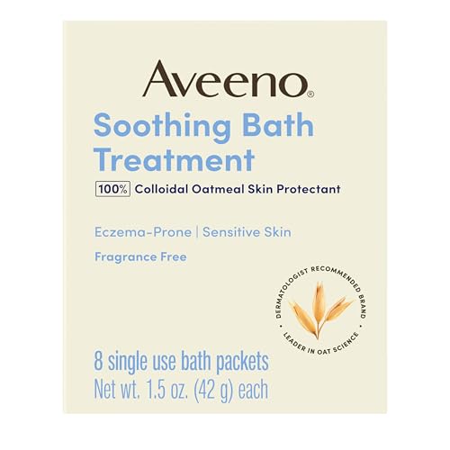 Aveeno Soothing Bath Treatment with 100% Colloidal Oatmeal Skin Protectant for Sensitive & Eczema-Prone Skin, Fragrance-Free Bath Soak Relieves Itchy, Irritated Skin, Individual Packets, 8 ct