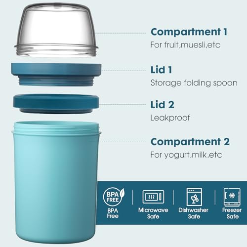 Mitsemmo Cereal Cup On The Go,600ml+270ml Breakfast Pots to Go,Yogurt and Granola Pot, Muesli Cup Travel Bowl and Milk Container for Work,Overnight Oats Jar with Lid & Spoon(Bule)