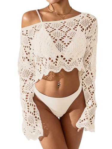 BreathSunny Womens Crochet Swimsuit Coverup Crop Top Summer 2025 Ruffle Trim Off The Shoulder Long Bell Sleeve Hollow Out Mesh Swimwear Coverups Beach Bathing Suit Cover Up Cropped Tops Cream White S