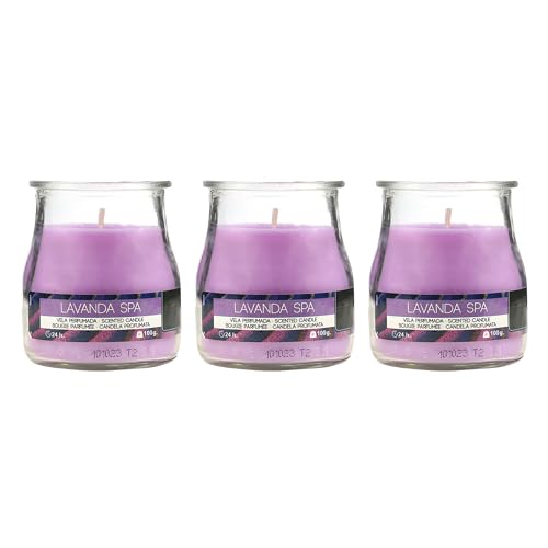 Pack de 3 Velas Aromáticas en Vaso de Yogurt de Cristal Reciclable - 24h de Duración，Cera Vegetal Perfumada, Fabricadas en España, 7x6cm (Lavanda Spa)
