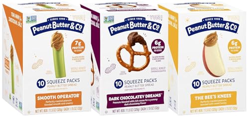 Peanut Butter & Co. Peanut Butter Squeeze Packs Variety Pack, Smooth Operator, Dark Chocolatey Dreams & The Bee’s Knees (Honey), 6–7g Protein, Non-GMO Project Verified, Gluten Free, Vegan, 1.15 oz (Pack of 30) Peanut Butter & Co. Peanut Butter Squeeze Packs Variety Pack, Smooth Operator, Dark Chocolatey Dreams & The Bee’s Knees (Honey), 6–7g Protein, Non-GMO Project Verified, Gluten Free, Vegan, 1.15 oz (Pack of 30)