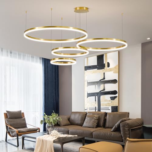 Mikeru Kitchen Island Lights, 30+40+60+80cm Gold Modern Dimmable Pendant Light 10% to 100% Rise & Fall Pendant Lighting 3000K/4500K/6500K Remote Control Pendant Light for Living Room