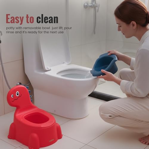 Image of Baybee 2 IN 1 Dino Baby Potty Training Seat for Kids 6+ Months | Western Toilet Seat with Anti Slip Base, Detachable Bowl & Highback Support | Baby Toilet Chair | Portable Potty Seat for Kids (Red)