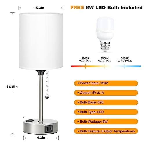 White Bedside Lamp for Bedroom - 3 Color Temperatures Desk Lamp with USB C and A Ports, Pull Chain Table Lamp with AC Outlet, Nightstand Lamp with Silver Metal Base for Kids Girls by Dicoool - Used condition - Image 4
