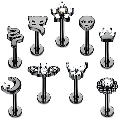 Sanfenly Helix Piercing Jewelry Stainless Steel Cartilage Tragus Conch Earring Stud 16G 8MM Internally Threaded Medusa Monroe Lip Ring Labret Nose Stud Set Black