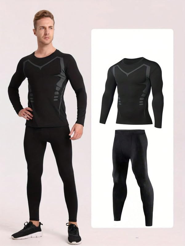 2Pcs Men Compression Workout Set,Compression Pants Shirt Top Long Sleeve Jacket for Gym,Men Athletic Baselayer Sets