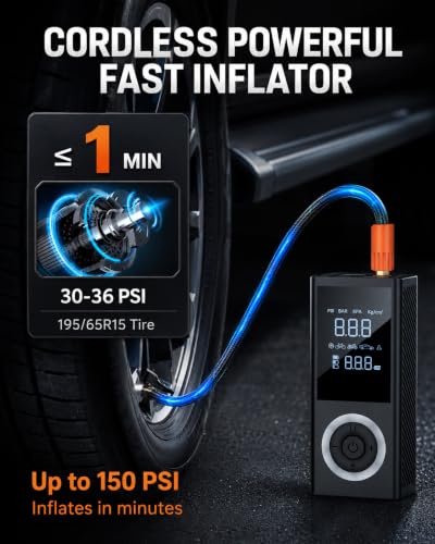 Image of Tire Inflator Portable Air Compressor, 150 PSI Smart Air Pump with Digital Pressure Gauge, LED Light, 12V Car Power Adapter, Storage Box
