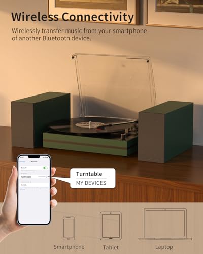 Image of Record Player for Vinyl with External Speakers Belt-Drive Turntables for Vinyls Records Dual Stereo Speakers LP 3 Speed BT Wireless AUX-in Headphone Auto Stop New Sleek Stylish Dark Matte Green
