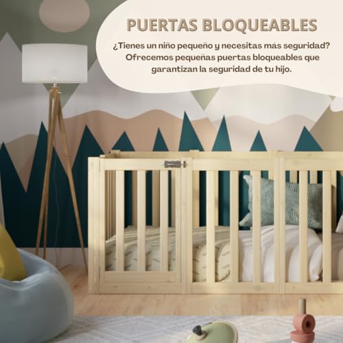 Miniatura 3 de Crazy Pine Cama Montessori 180x90 Cm - Cama Infantil Con Protección Contra Caídas 73cm Y Barrera Abrible - Camas Infantiles Superficie Lisa Niños Y Niñas - Madera Natural