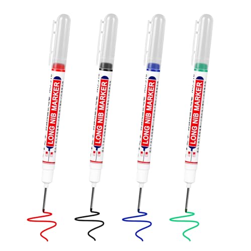 4 Stück Tieflochmarker, Bohrlochmarker, 20mm Extralange Spitze Lochmarkierer Wasserdichte Permanentmarker für Wände, Holz, Kunststoff, Glas, Metall, Karton (Schwarz, Blau, Rot, Grün)