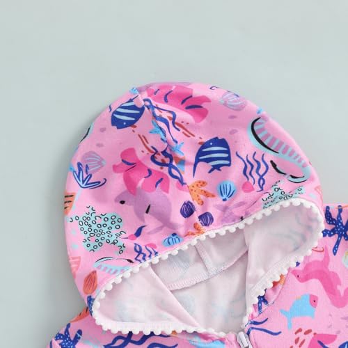 Girls Hooded Terry Coverups Zip Up One Piece Swimsuits Sea Animals Print Short Sleeve Ruffle Swim Cover Up Swimwear3