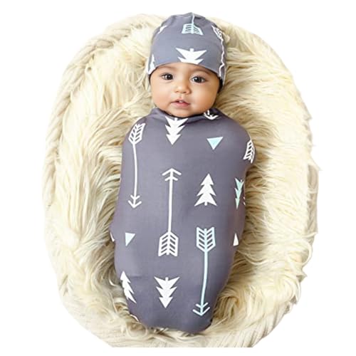 Image of Galabloomer Newborn Swaddle Blanket with Beanie Set Baby Boy Receiving Blanket Gray Arrow