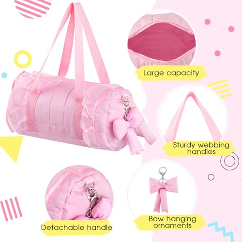 Image of 12.8 Inches Quilted Puffer Ballet Dance Bag Cute Tote Bag with Hanging Bow Pendant for Travel Dancing Dress