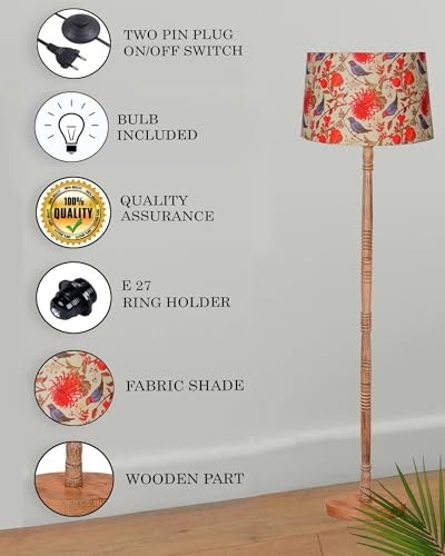 Image of Homesake Mid Century Modern Floor Lamp for Living Room | Hand Turned | Corner Lamp for Living Room, Stand Lamp with Fabric Lampshade for Bedroom, Study Room and Office, (Bird)